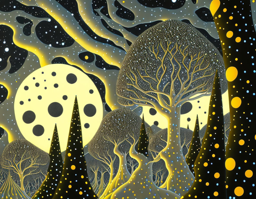 Whimsical Night Scene with Dotted Trees and Multiple Moons