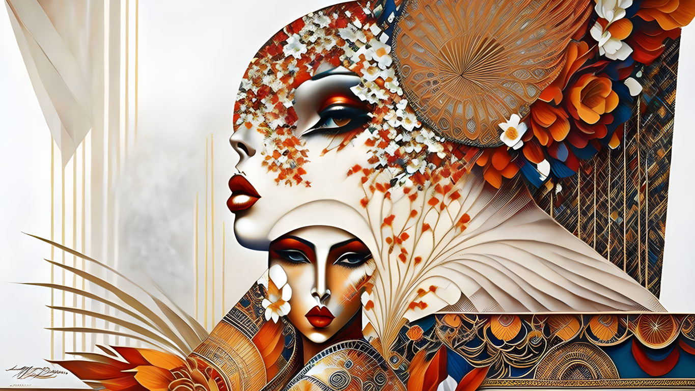 Detailed Stylized Female Faces with Autumnal Leaves and Geometric Patterns