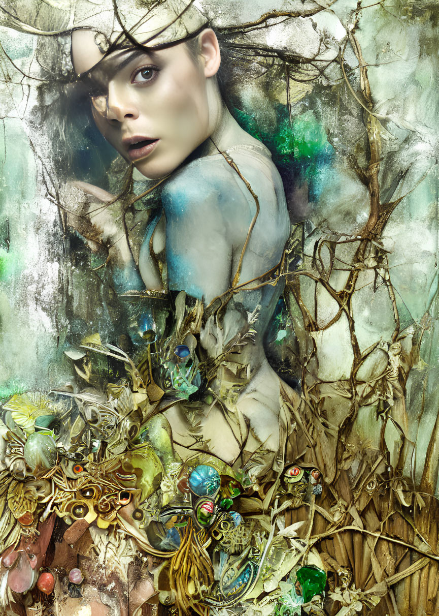 Fantasy-themed digital artwork: Female figure surrounded by intricate branches and vibrant flora