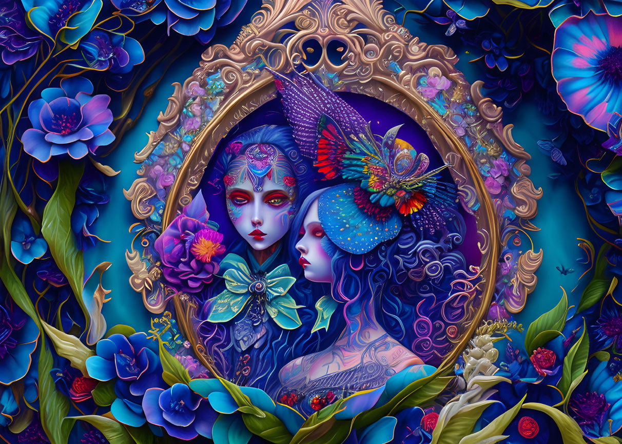 Colorful digital artwork of two stylized female figures with intricate makeup, set amidst blue flowers, foliage