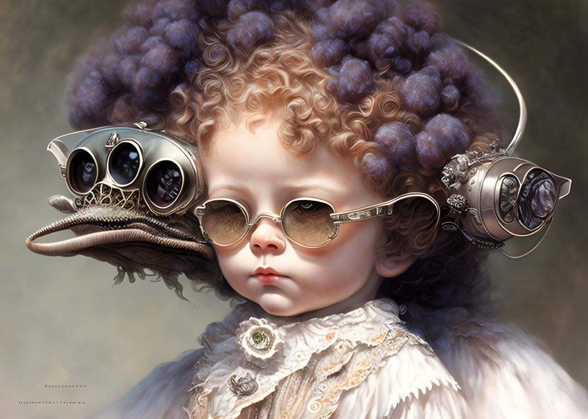 Victorian-style child with curly hair in steampunk goggles and clothing