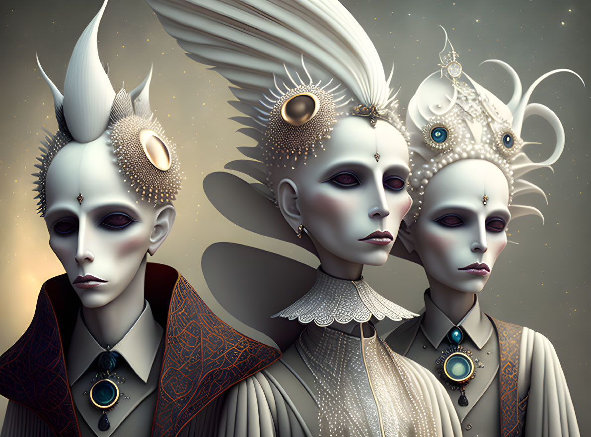 Stylized figures with pale skin and elaborate headdresses and jewel-like eyes.
