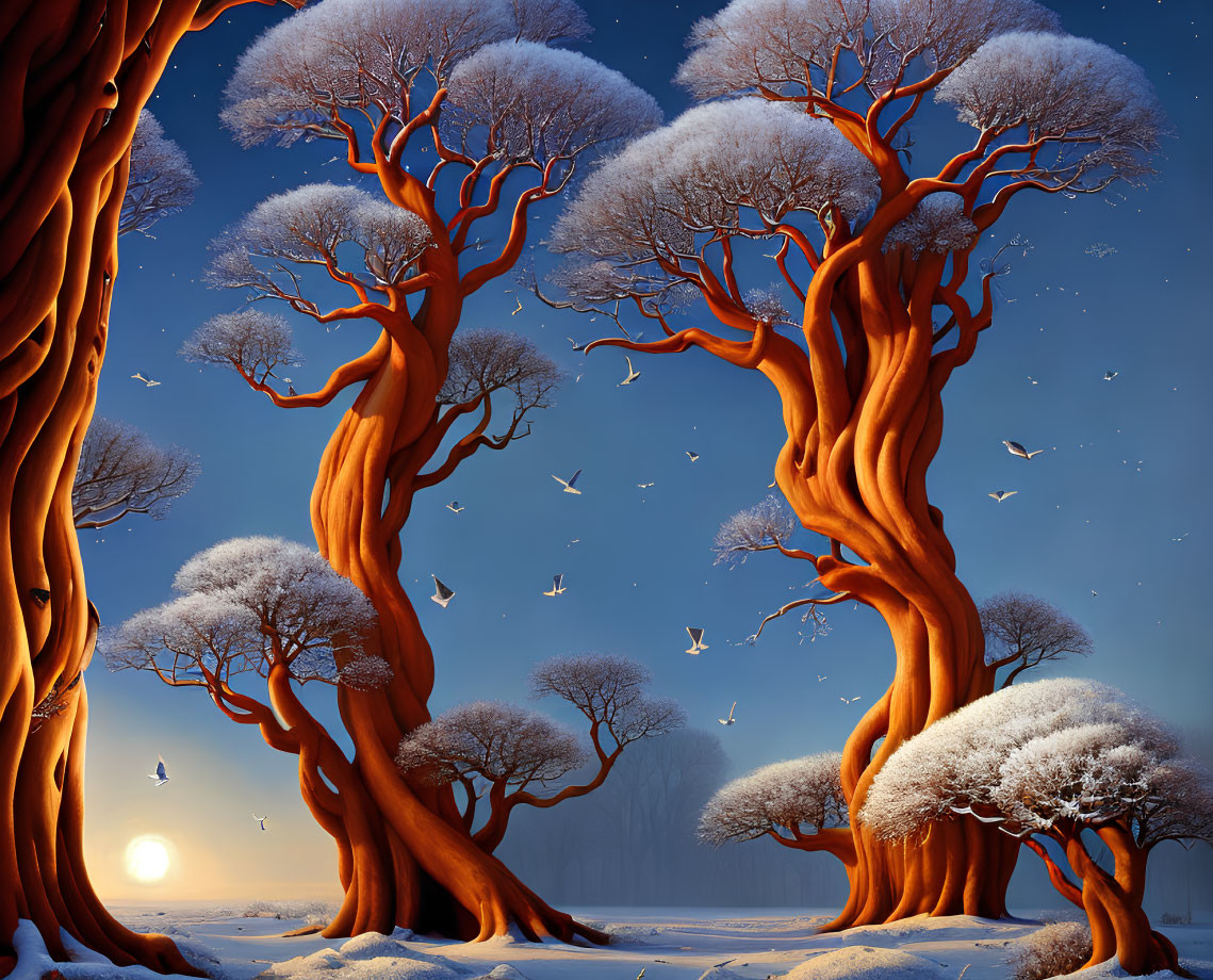 Twisted orange bark trees under twilight sky with snow-covered canopies