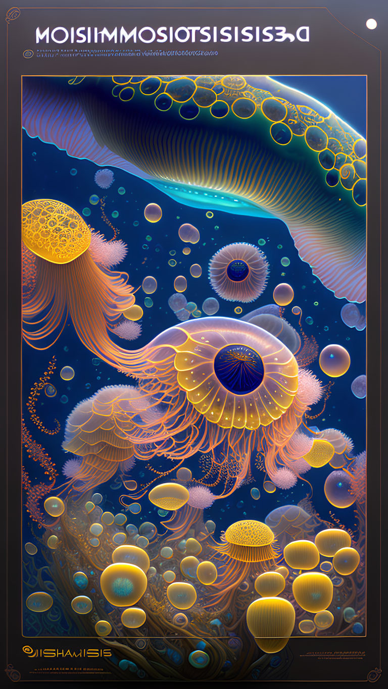 Colorful digital artwork of underwater scene with bioluminescent coral structures