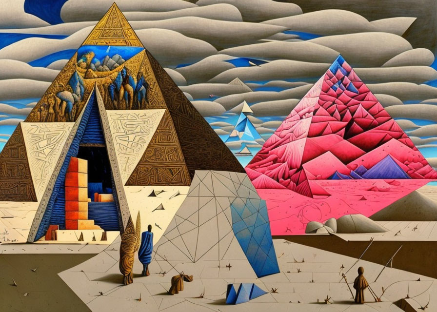 Surrealistic painting: Golden and pink pyramids, figures, camels, abstract patterns under