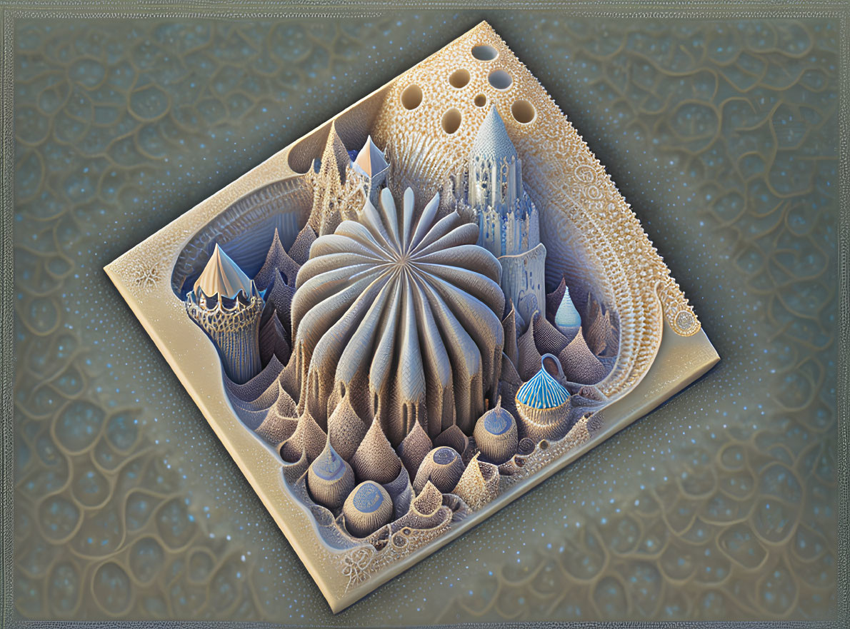 Surreal 3D Fractal Landscape with Castle Structure and Patterns