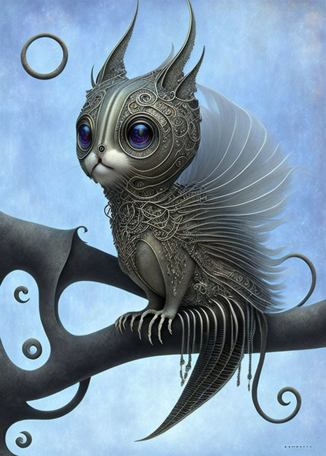 Whimsical creature with large eyes and ornate metal-like detailing on a branch