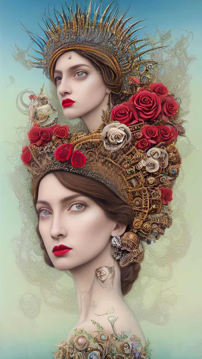 Stylized digital artwork of two women with elaborate headdresses on pastel background