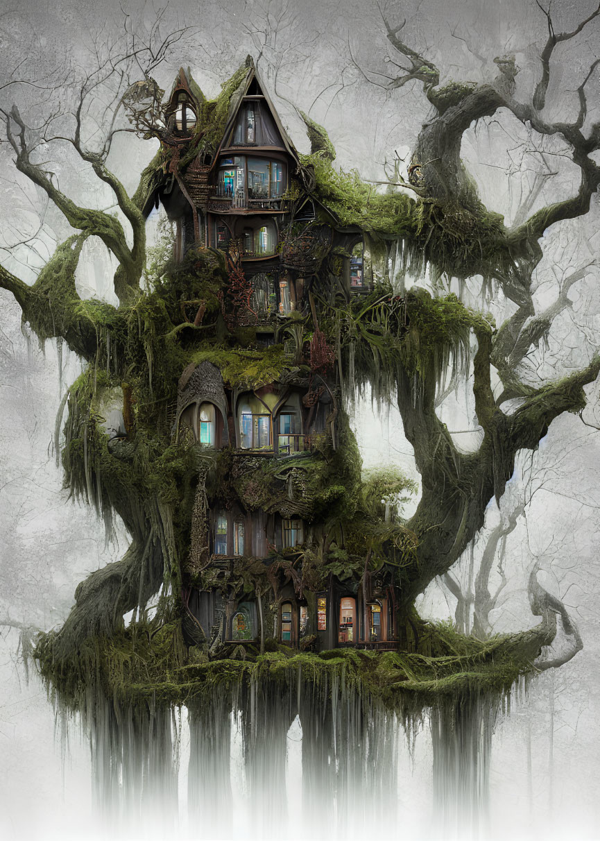 Intricate Multi-Level Treehouse in Mystical Tree Setting