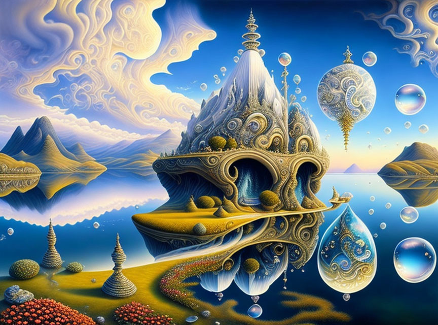 Fantastical landscape with floating palace, reflective bubbles, mountains, and swirling sky.