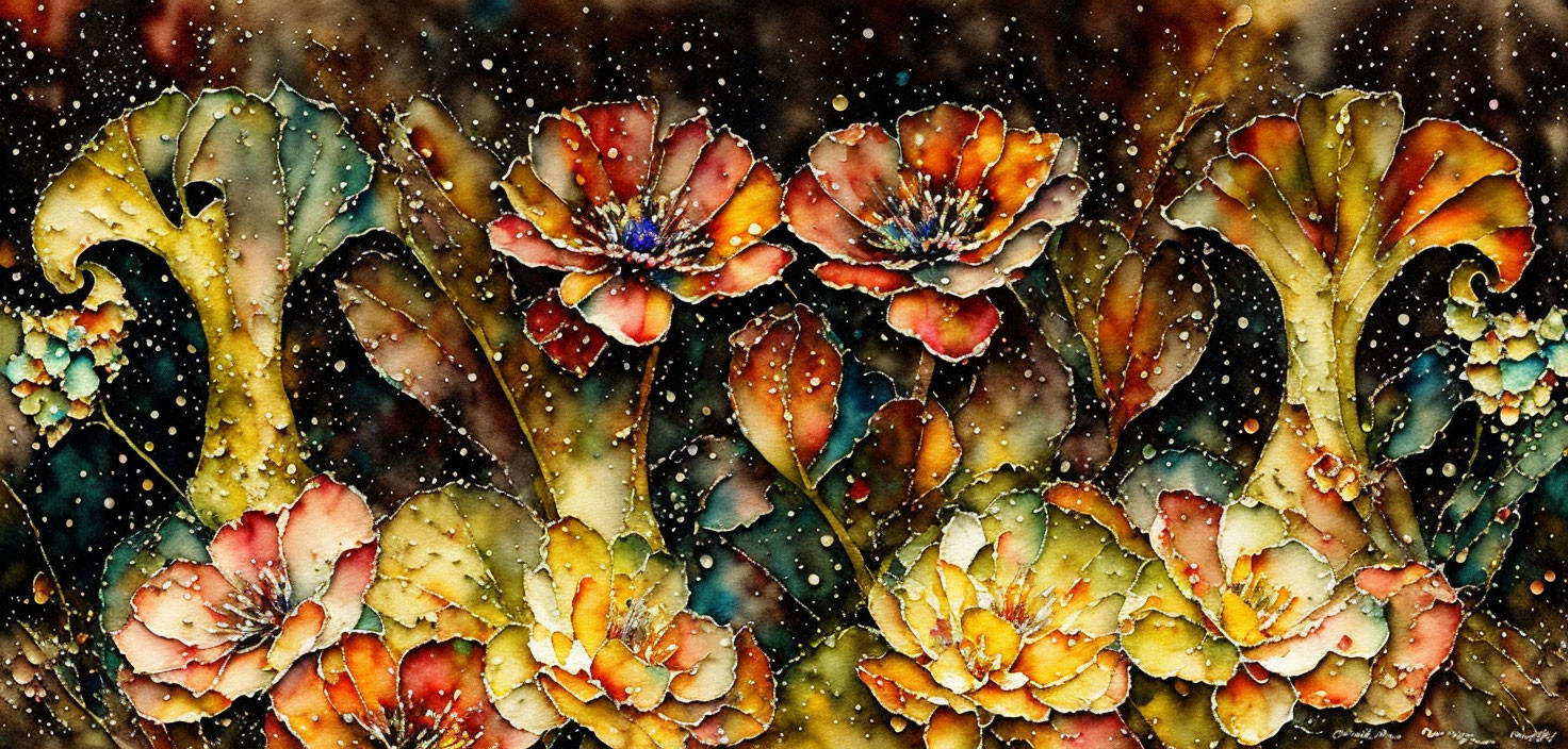 Colorful Watercolor Painting of Stylized Flowers in Oranges, Yellows, and Reds