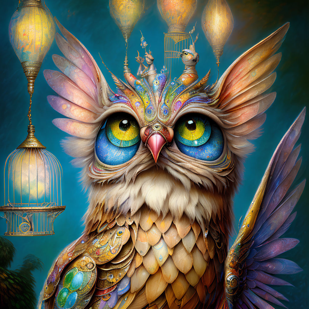 Whimsical owl illustration with expressive eyes and ornate feathers