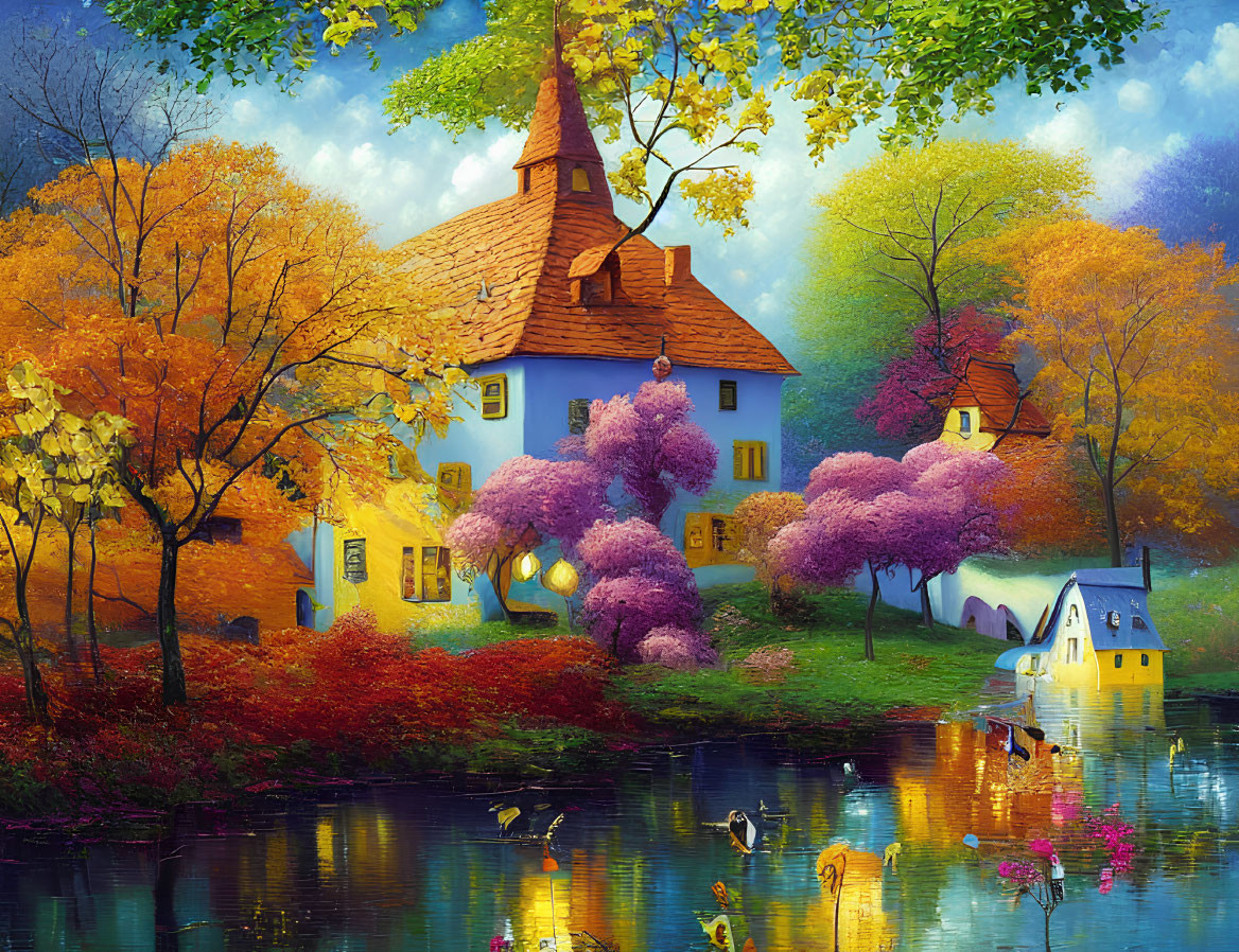 Colorful Autumn Landscape with Cottage, Trees, Pond, and Swans