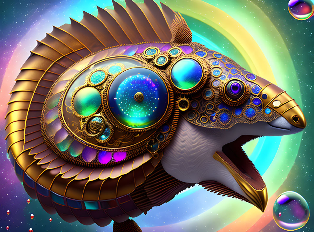 Steampunk-style fish digital artwork with metallic gears and cosmic background