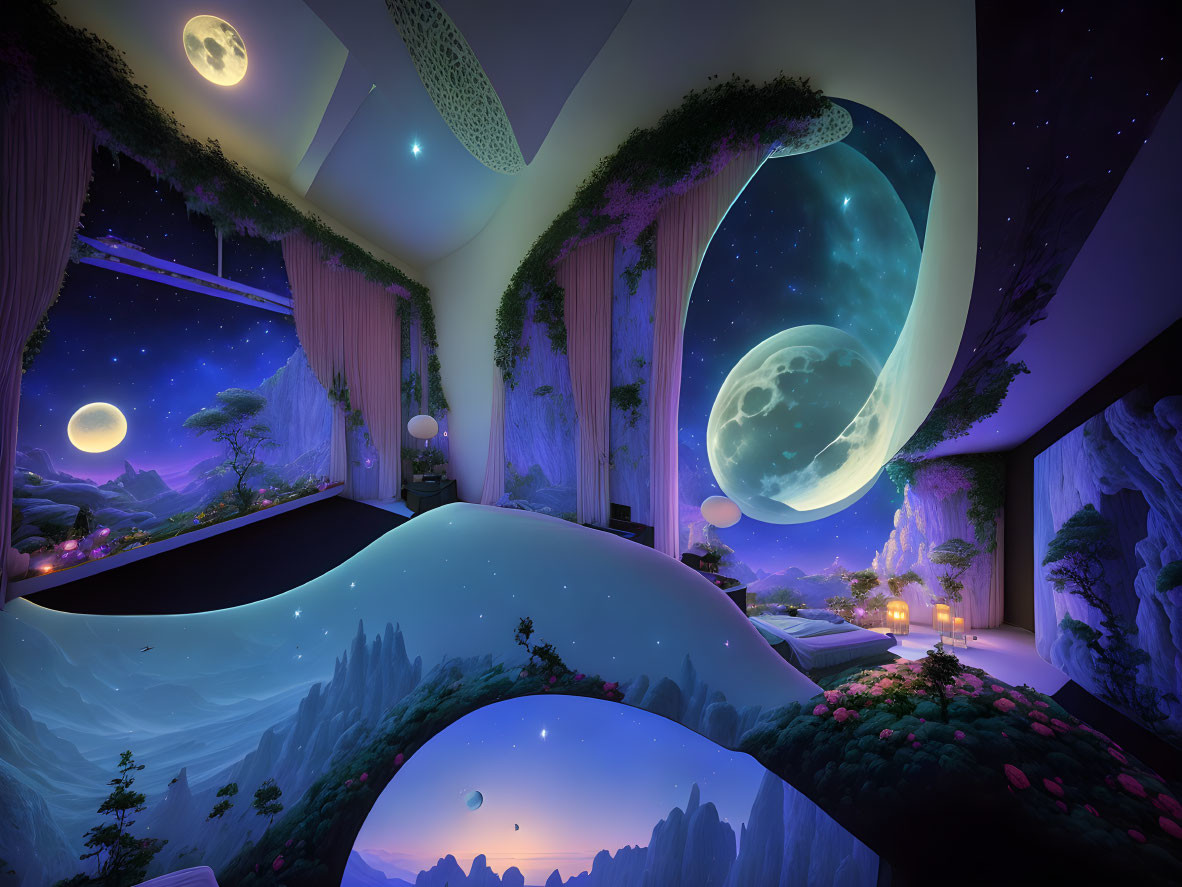 Surreal room blending bedroom with cosmic moons and stars