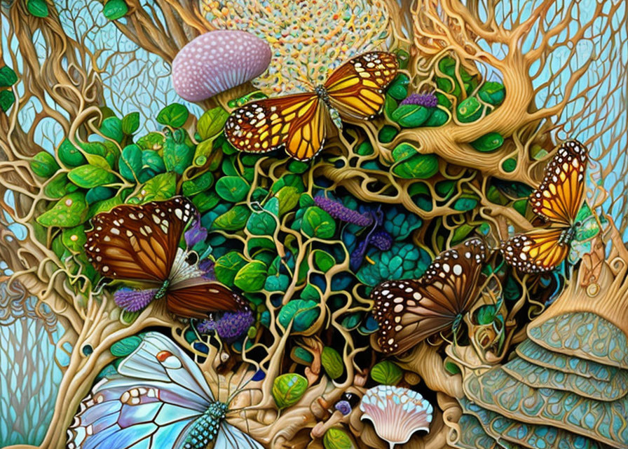 Colorful Butterfly and Tree Artwork with Mushroom and Coral Textures