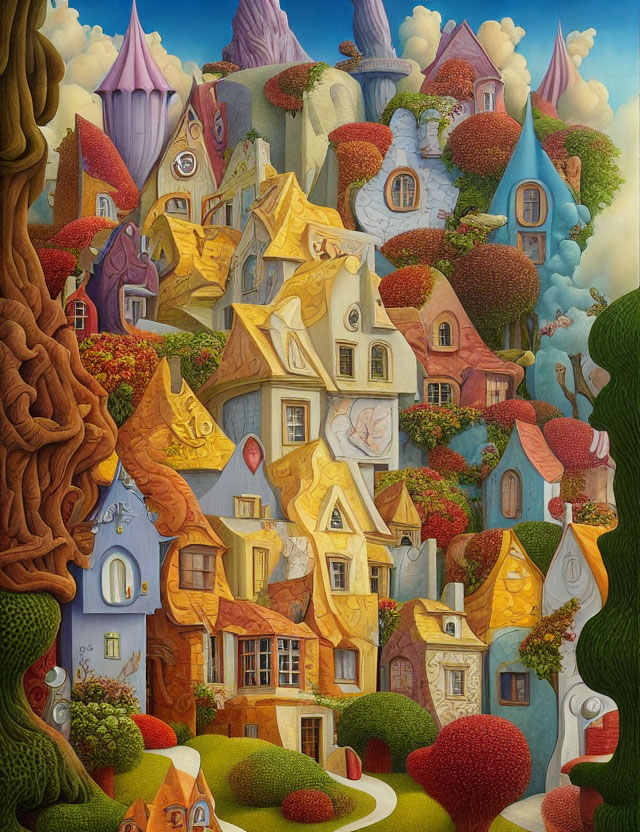 Fantasy village painting with colorful, topsy-turvy houses nestled among trees.