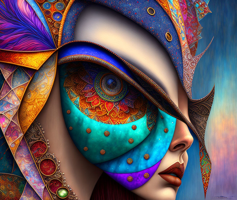 Colorful digital artwork: Stylized woman's face with masquerade mask