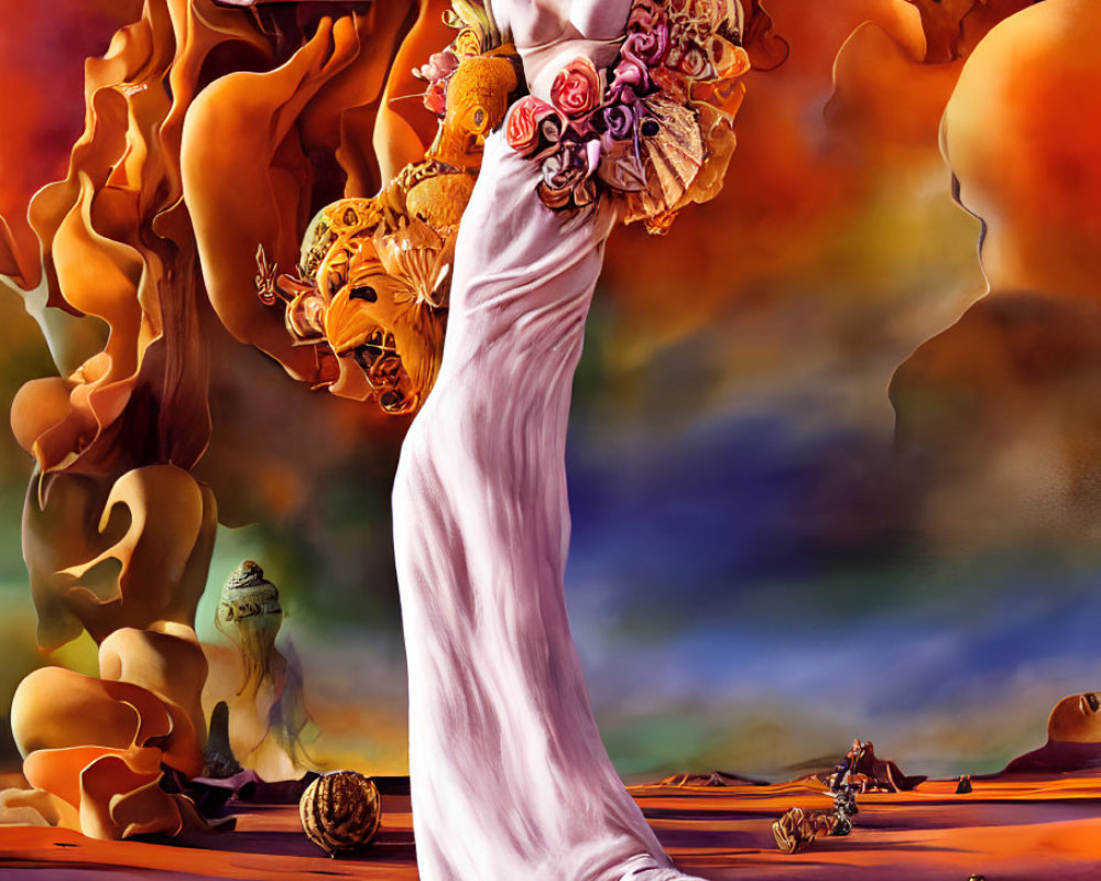 Surreal painting of woman in flowy dress amidst fiery clouds