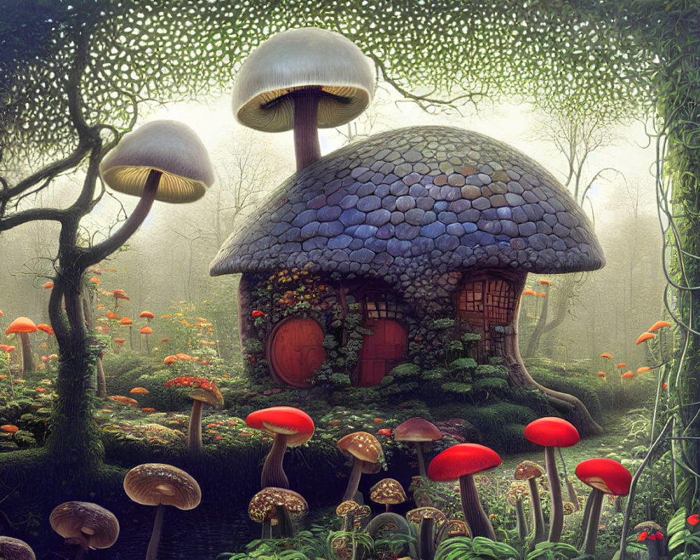 Whimsical stone mushroom house in mystical forest