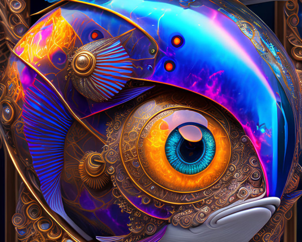 Colorful digital artwork: Mechanical fish with gold patterns and vivid eye