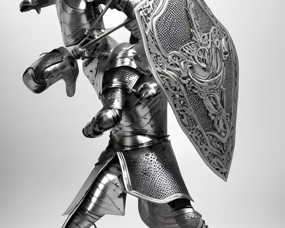 Ornate Knight in Full-Body Plate Armor with Spear and Shield