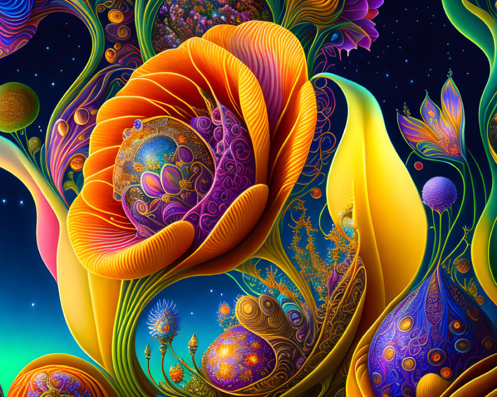 Colorful Psychedelic Artwork with Swirling Patterns and Cosmic Floral Motifs