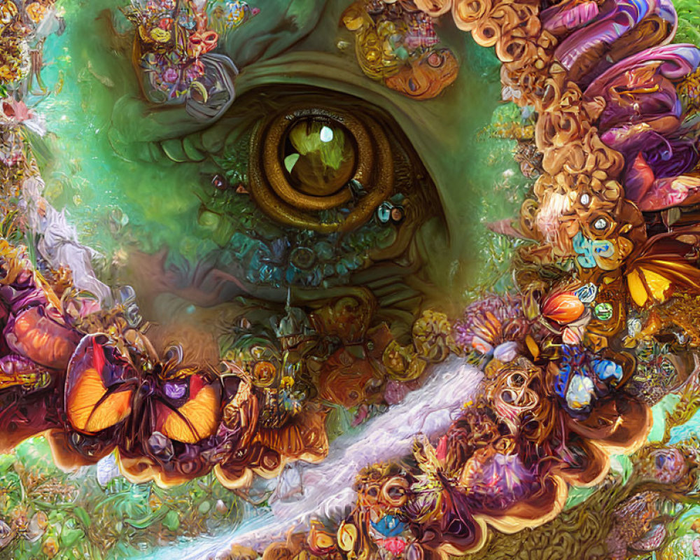 Colorful surreal fantasy scene with large eye and creatures