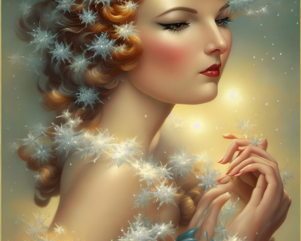 Stylized portrait of woman with fair skin and curly hair on starry backdrop