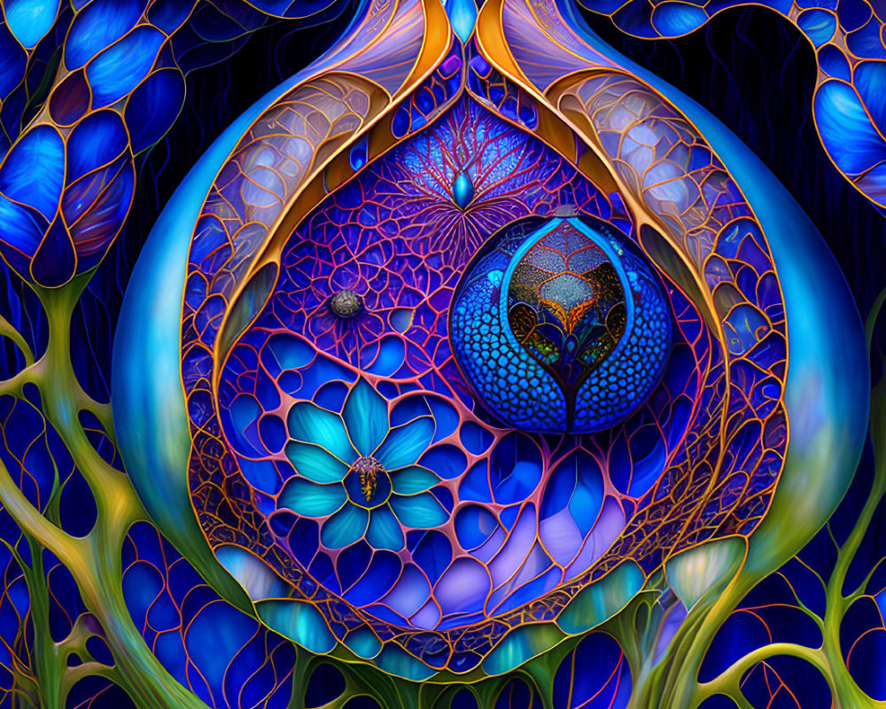 Abstract digital art: central sphere, reflections, intricate patterns, blue and purple palette