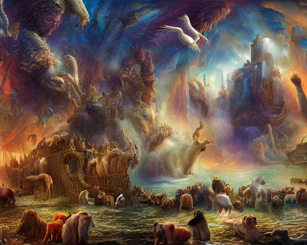 Vibrant Mythological Landscape with Creatures and Humans