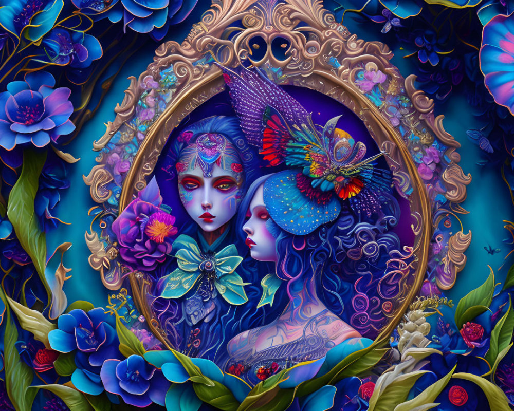 Colorful digital artwork of two stylized female figures with intricate makeup, set amidst blue flowers, foliage