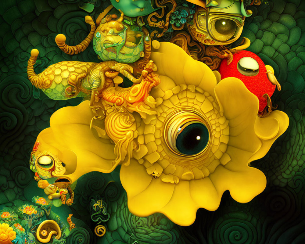 Colorful Surrealist Artwork with Whimsical Creatures and Floral Motifs