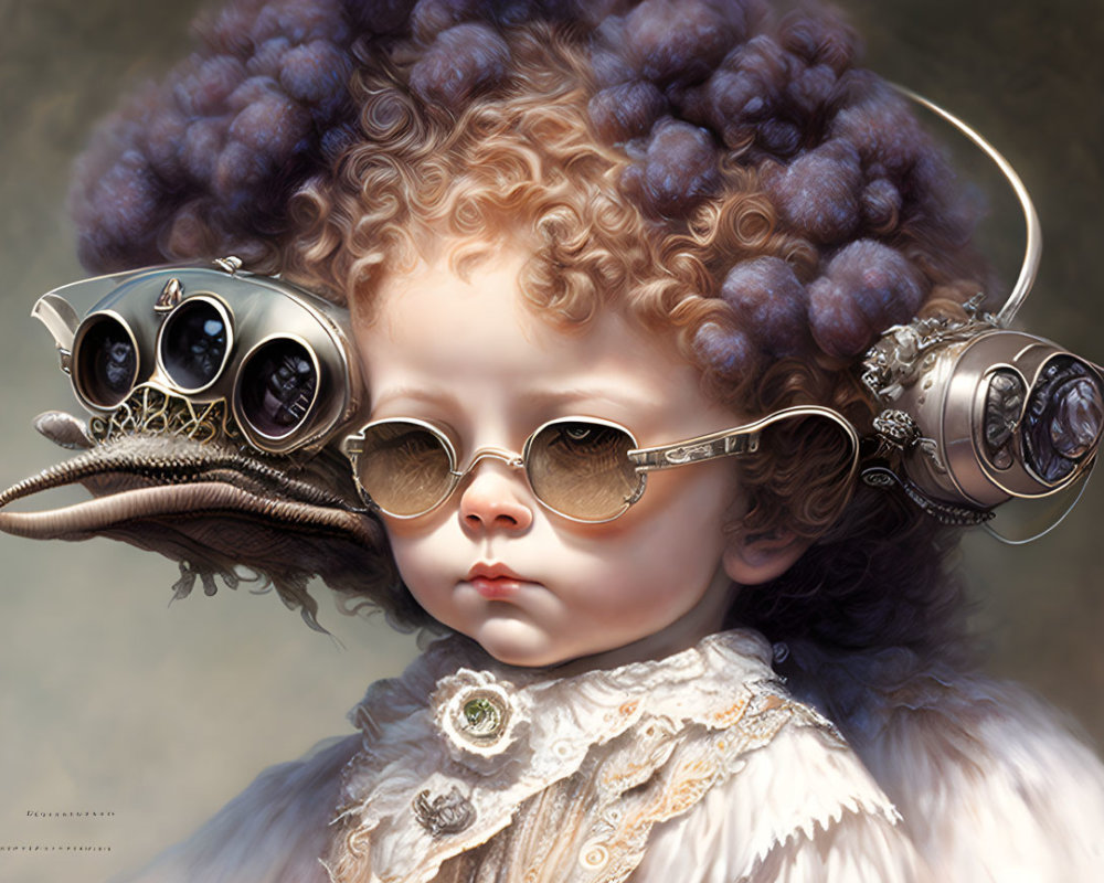 Victorian-style child with curly hair in steampunk goggles and clothing