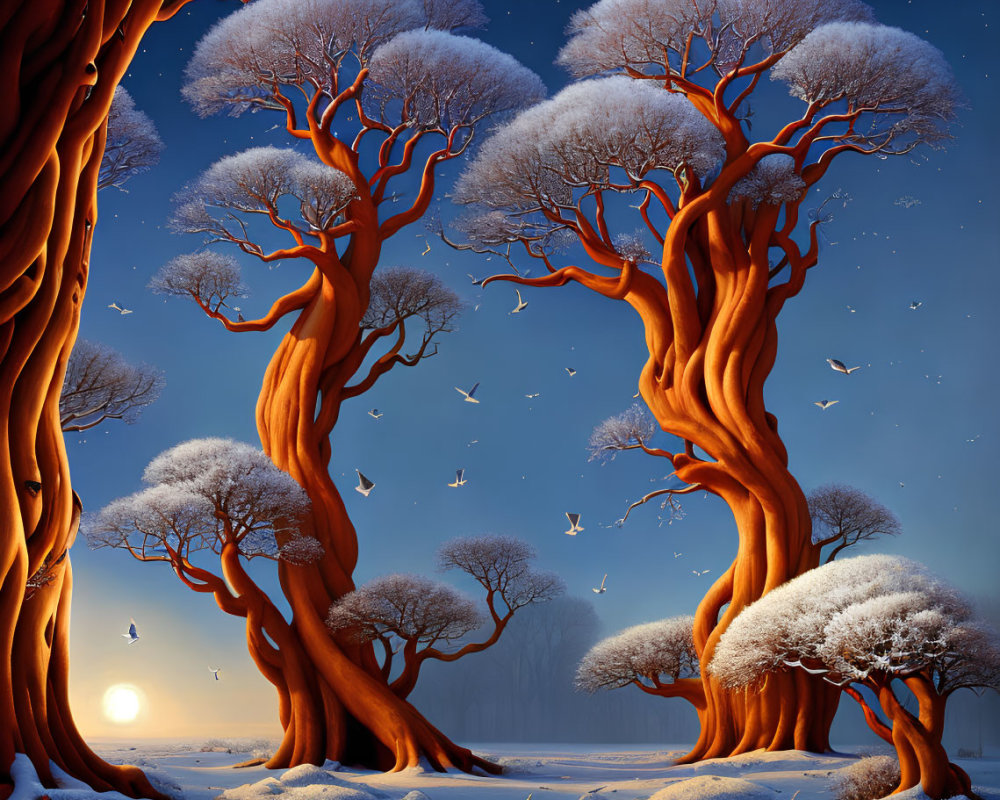 Twisted orange bark trees under twilight sky with snow-covered canopies