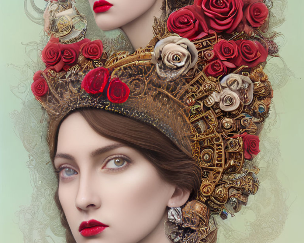 Stylized digital artwork of two women with elaborate headdresses on pastel background