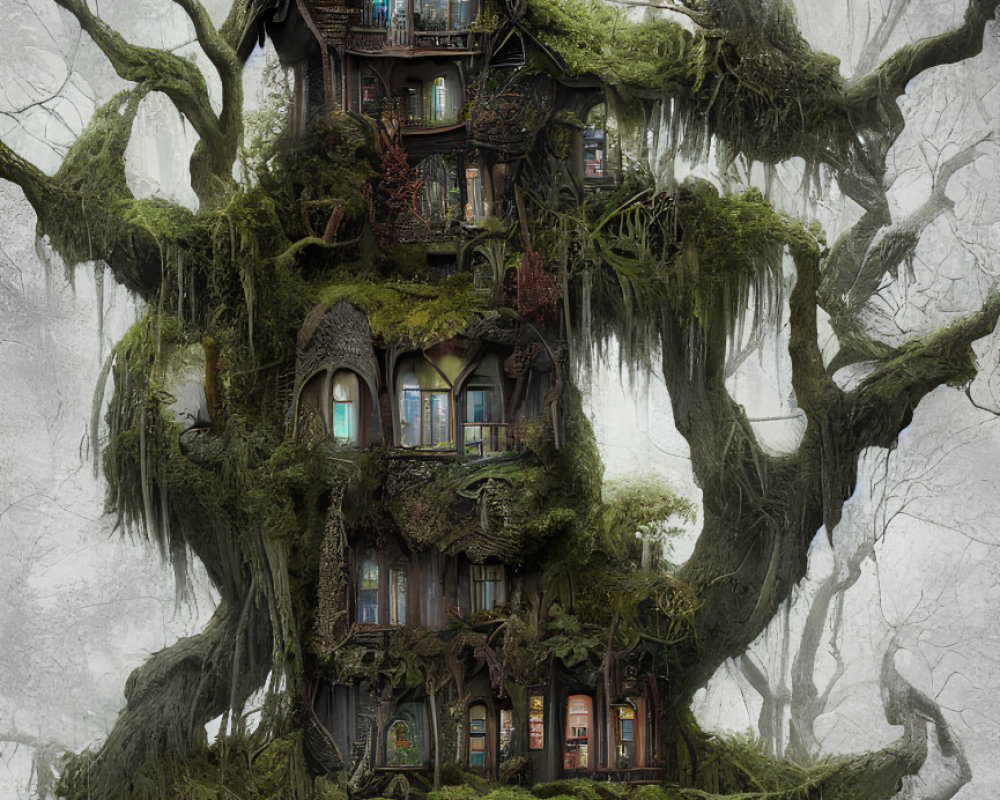 Intricate Multi-Level Treehouse in Mystical Tree Setting