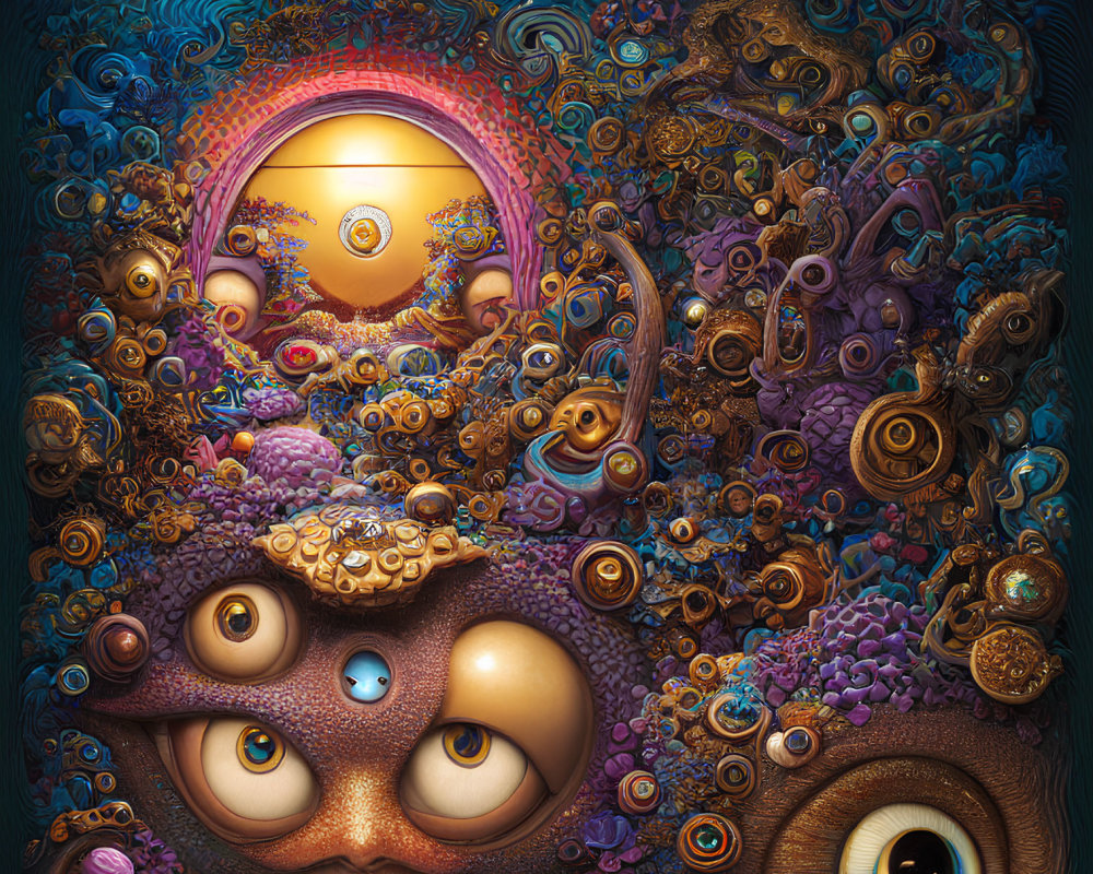 Surreal artwork featuring multiple eyes and faces in swirling patterns