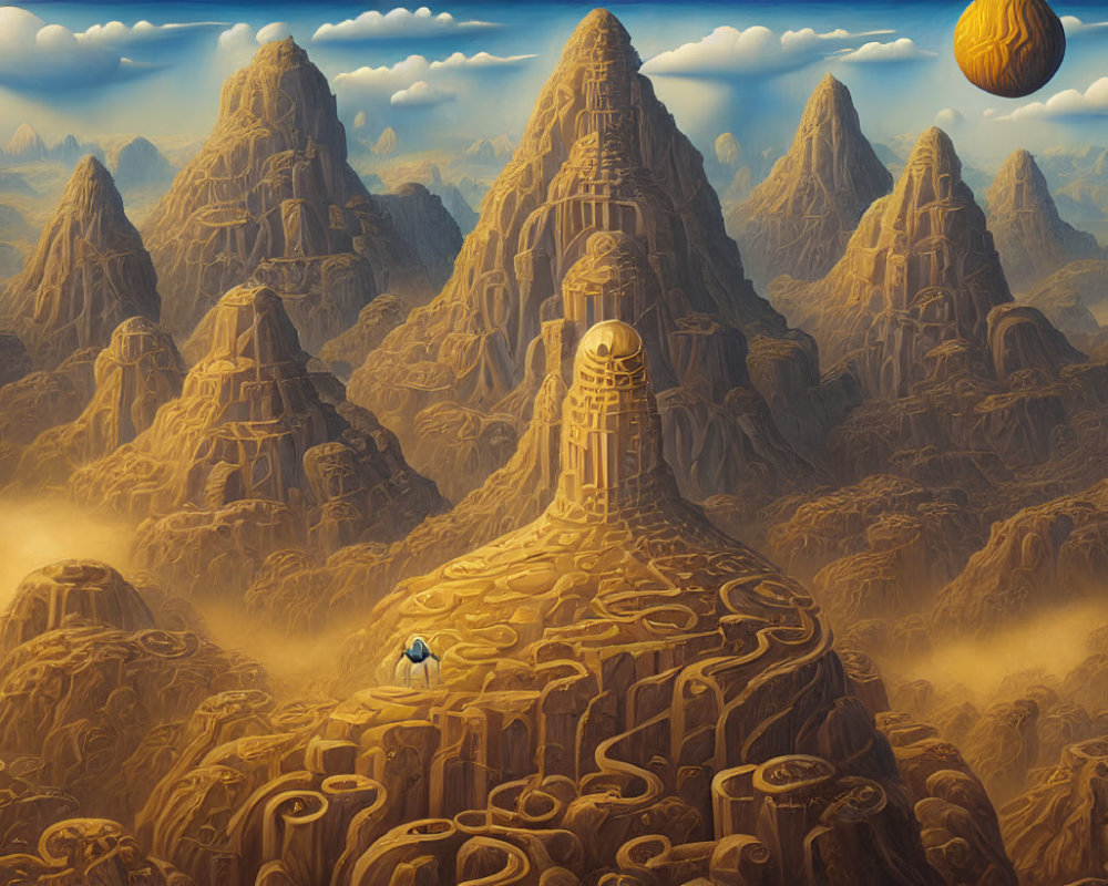 Surreal landscape with labyrinthine paths, figure in blue robe, towering structure, and planet in