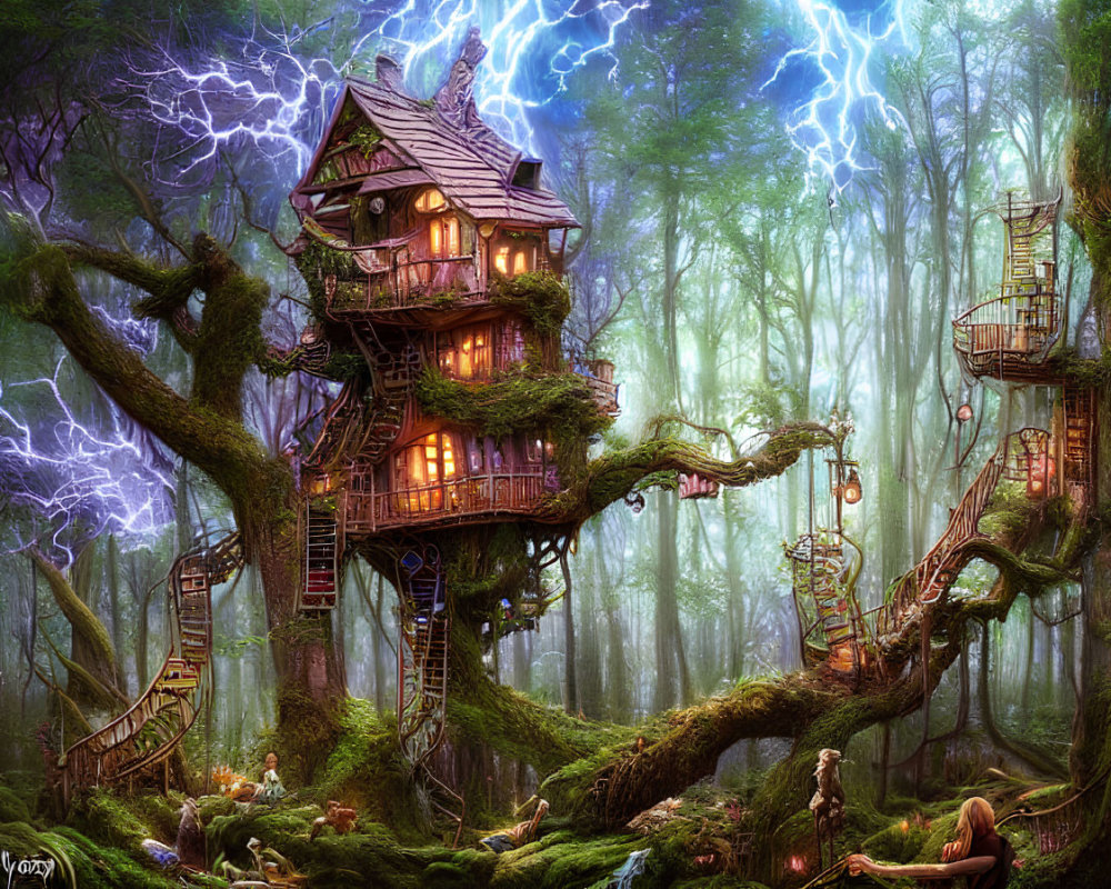 Enchanted forest scene with intricate treehouses and vibrant greenery