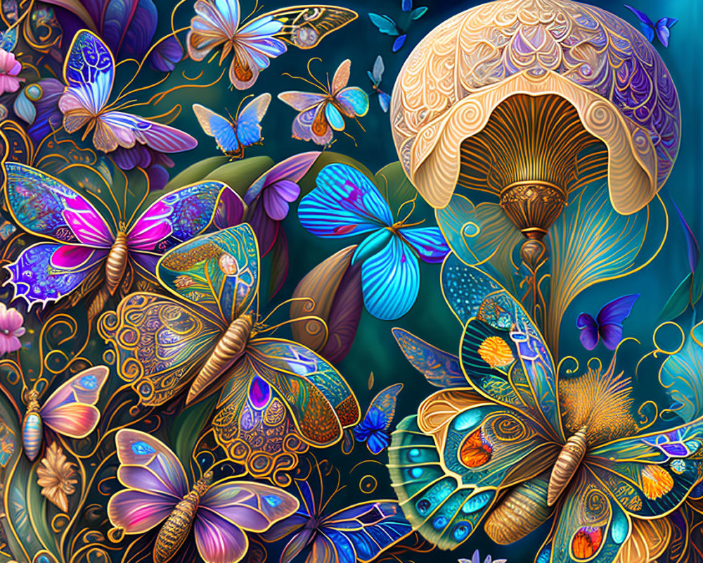 Colorful digital artwork: ornate butterflies, golden mushroom, teal background