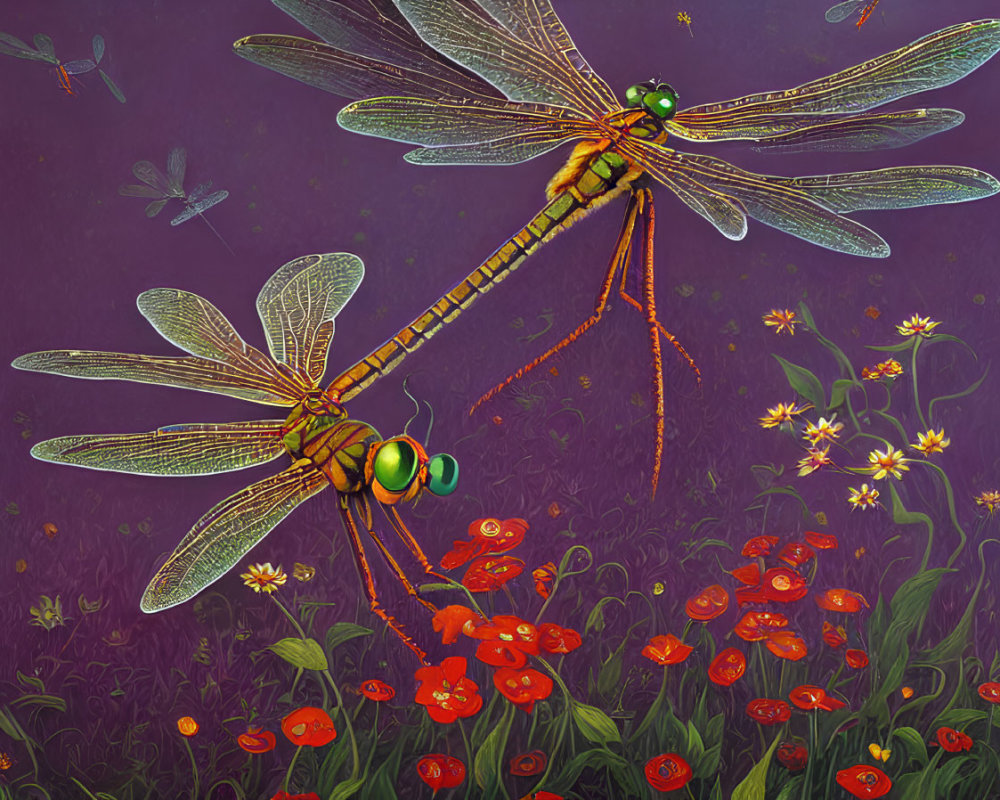 Vividly Colored Dragonflies Hovering Over Red Flowers and Dark Purple Background