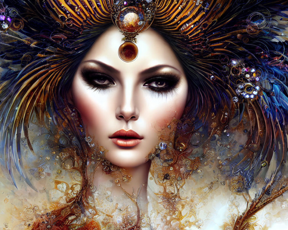 Digital Artwork: Woman with Striking Makeup & Ornate Headdress