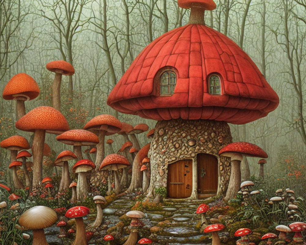 Whimsical fairytale mushroom house in misty forest