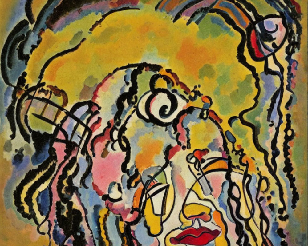 Vibrant abstract painting of a woman's face with bold eyes and flowing hair