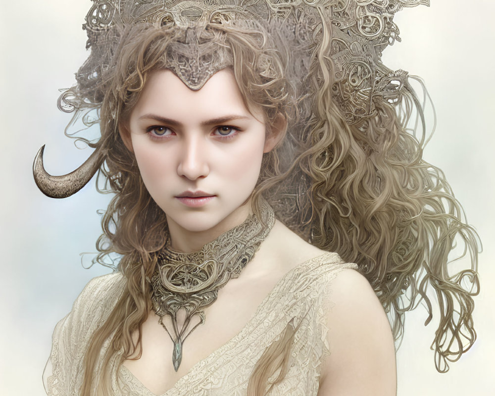 Fantasy portrait of woman with curly hair and crescent moon adornment