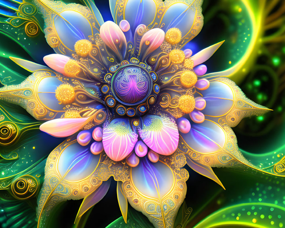 Colorful fractal flower art against green and blue backdrop