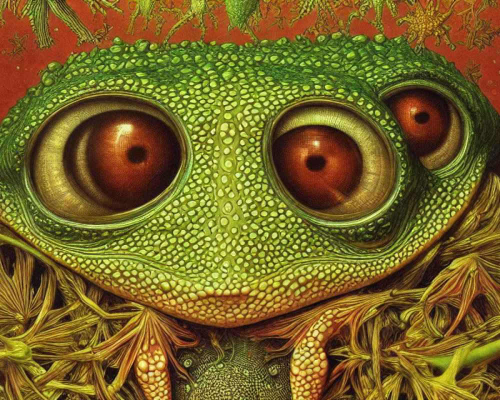 Detailed Hyperrealistic Green Frog Illustration with Expressive Brown Eyes in Lush Foliage