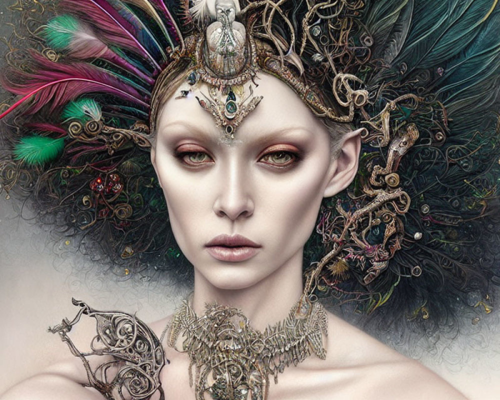 Intricate Fantasy Portrait with Feathers, Beads, and Metallic Elements