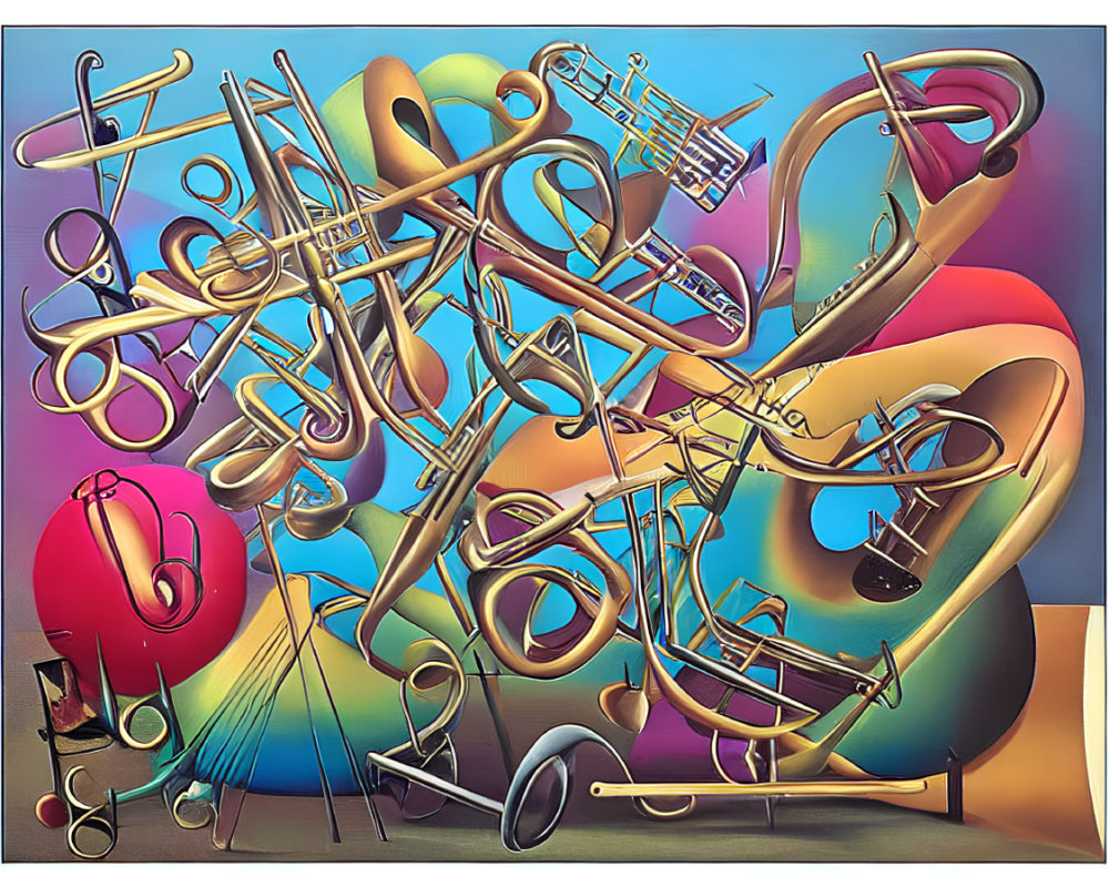 Abstract Brass Musical Instruments with Musical Notes on Colorful Background